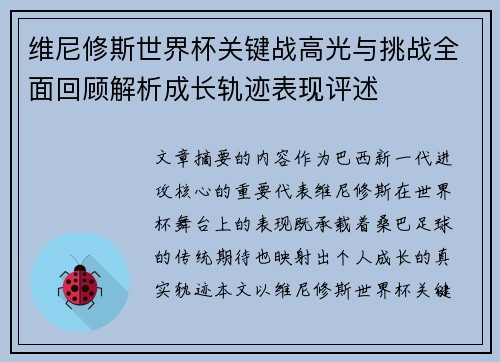 维尼修斯世界杯关键战高光与挑战全面回顾解析成长轨迹表现评述